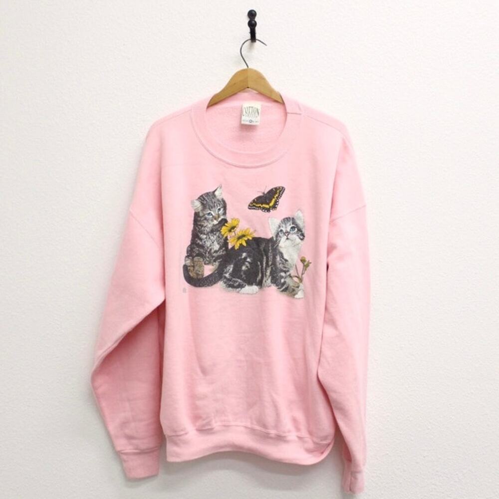 Vintage 90s Kitty Cats Garden Sweatshirt Women’s 3XL Pink Floral Cat